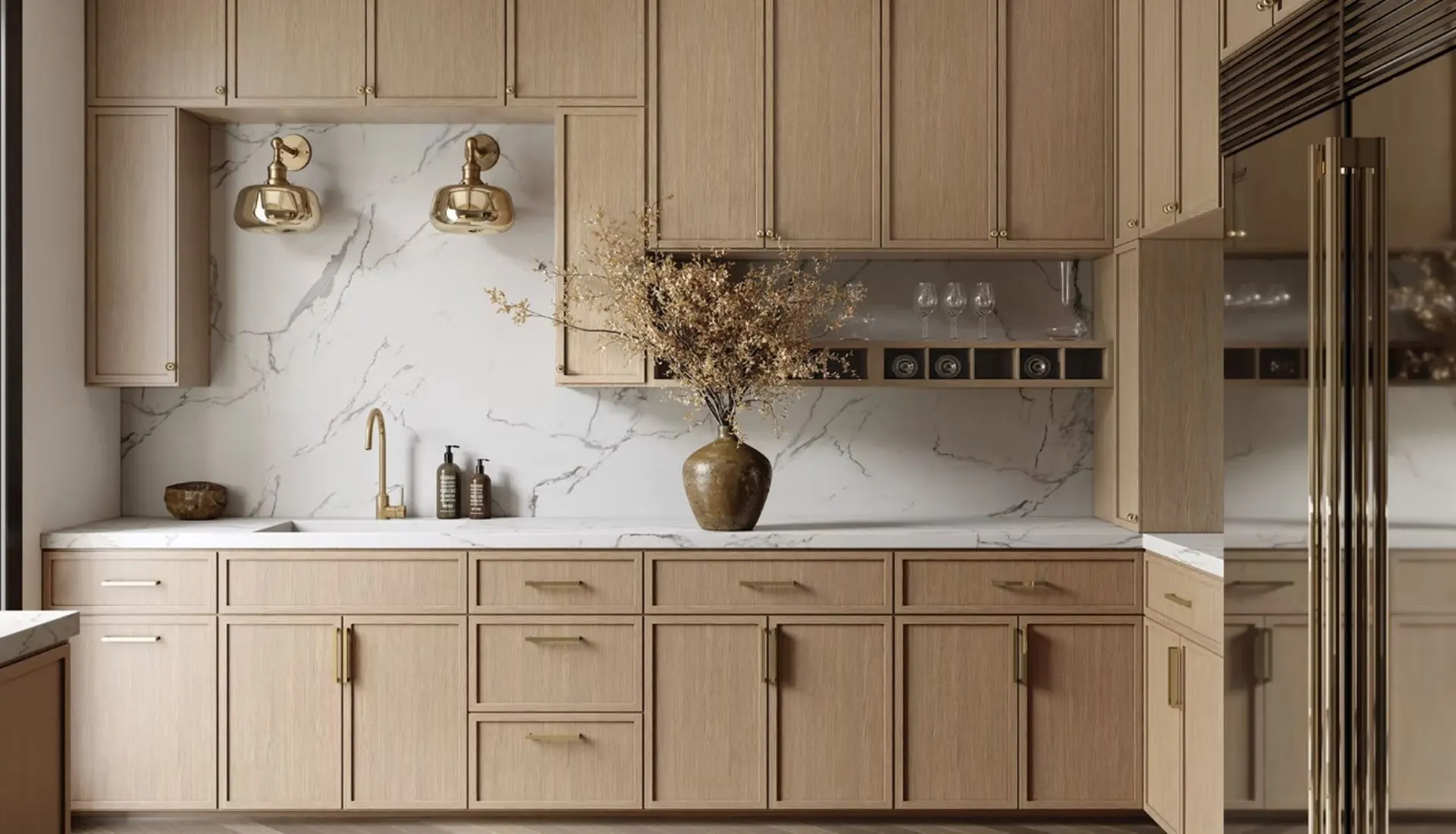A finished kitchen: light oak Shaker cabinets, a white marble-look backsplash and brass sconces