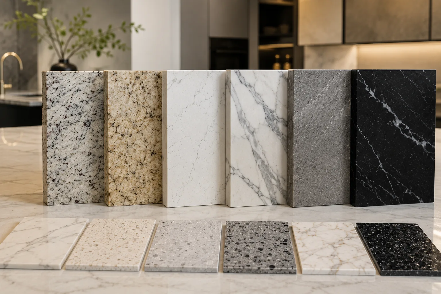 Stone countertop samples, speckled, white and black veined, standing in a row