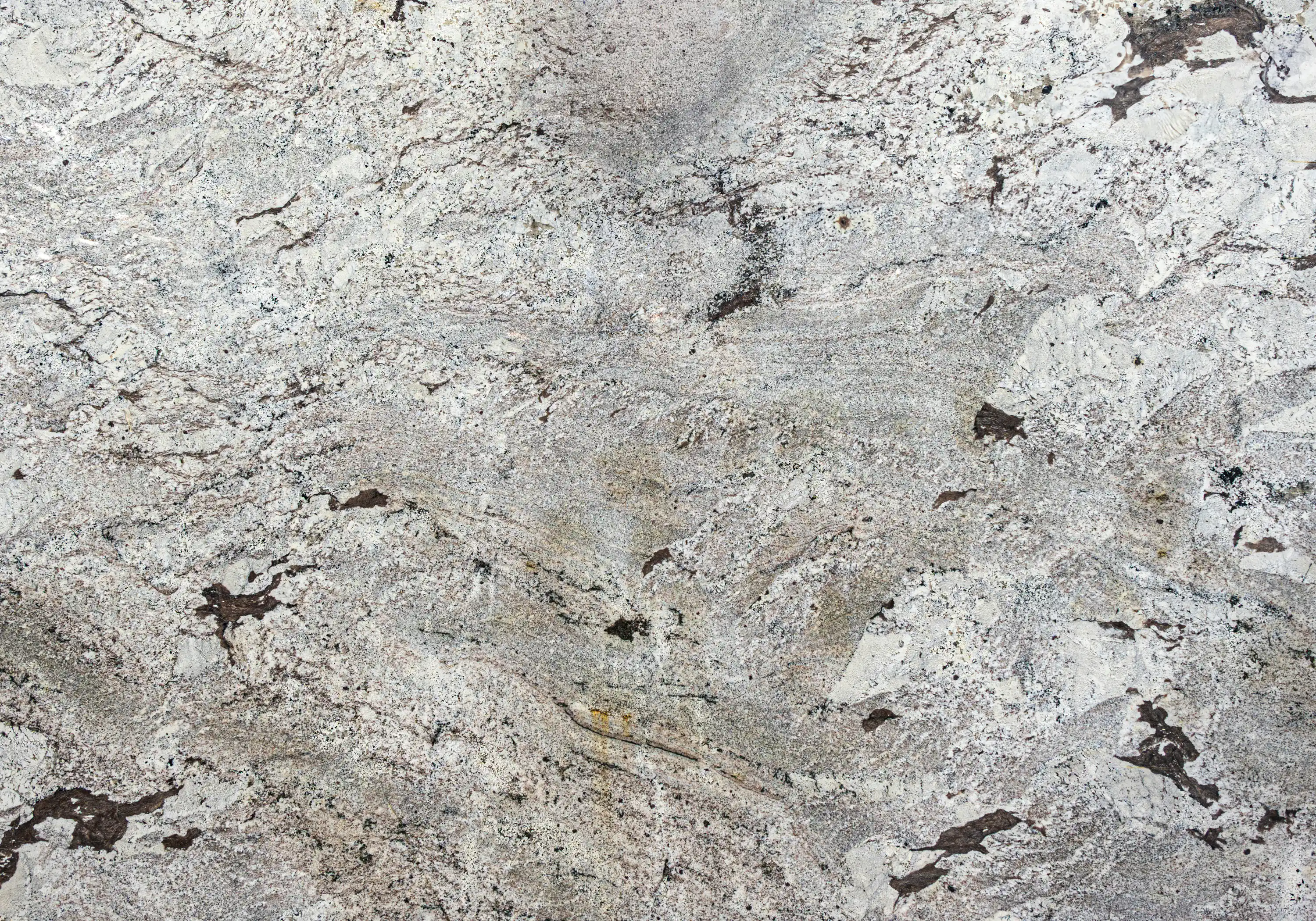 Close view of a white and gray granite slab with dark flecks