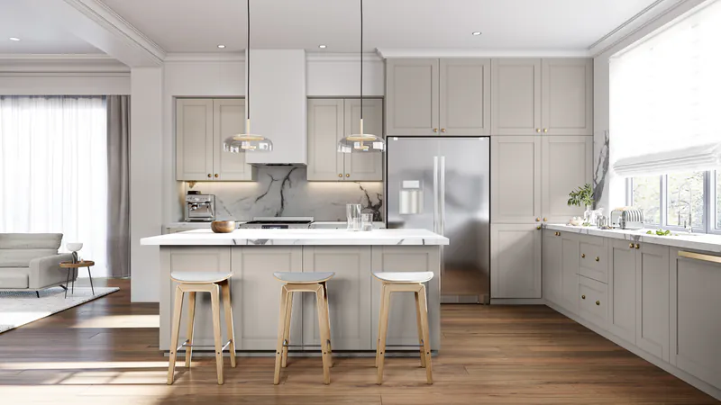 Bright kitchen with matte beige wide-shaker cabinets, a steel fridge and an island with three wood stools