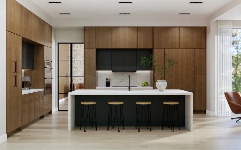 Kitchen with dark oak flat-slab cabinets to the ceiling and a black island with a white waterfall top