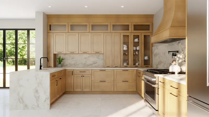 Kitchen with warm wood shaker cabinets, glass-front uppers, a marble waterfall counter and a wood range hood