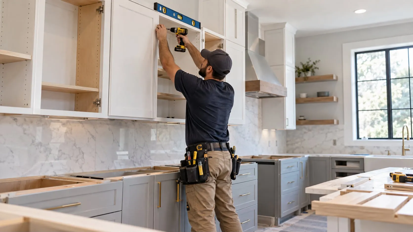 An installer levels and screws a white upper cabinet into place above gray lower cabinets and a marble backsplash