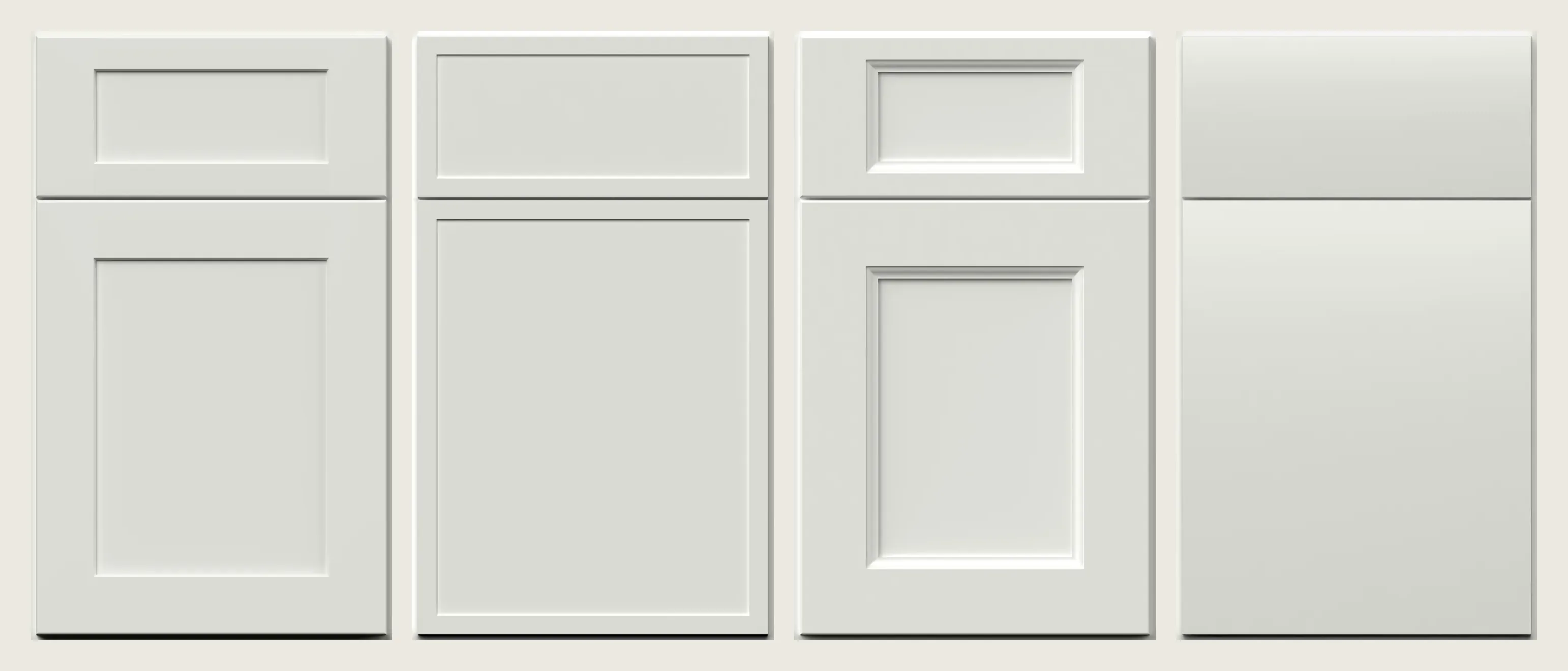 Four white cabinet doors side by side: classic shaker, slim shaker, wide shaker with detailed edges, and flat slab