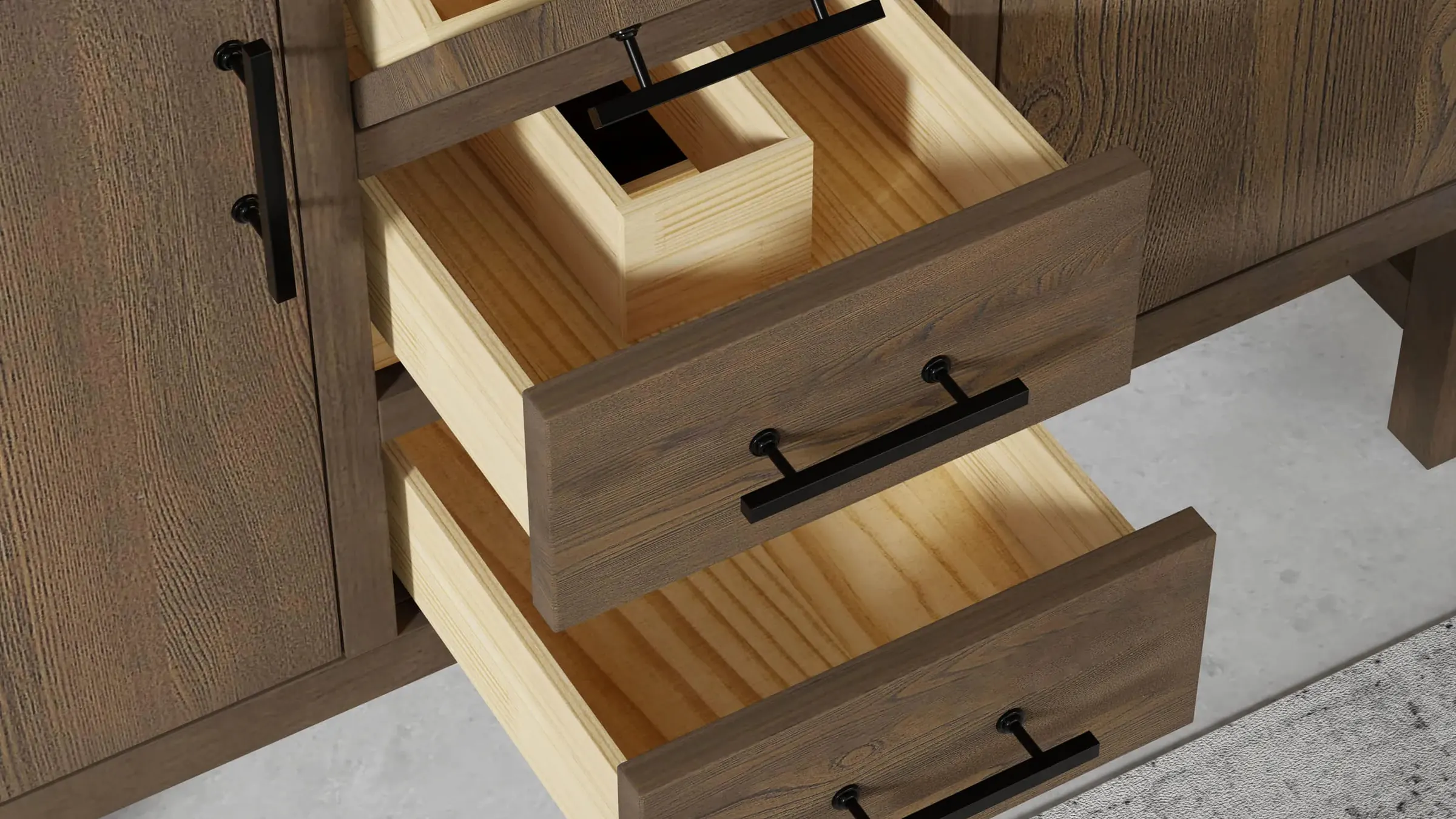 Two drawers pulled open from a dark wood cabinet, showing their solid-wood drawer boxes
