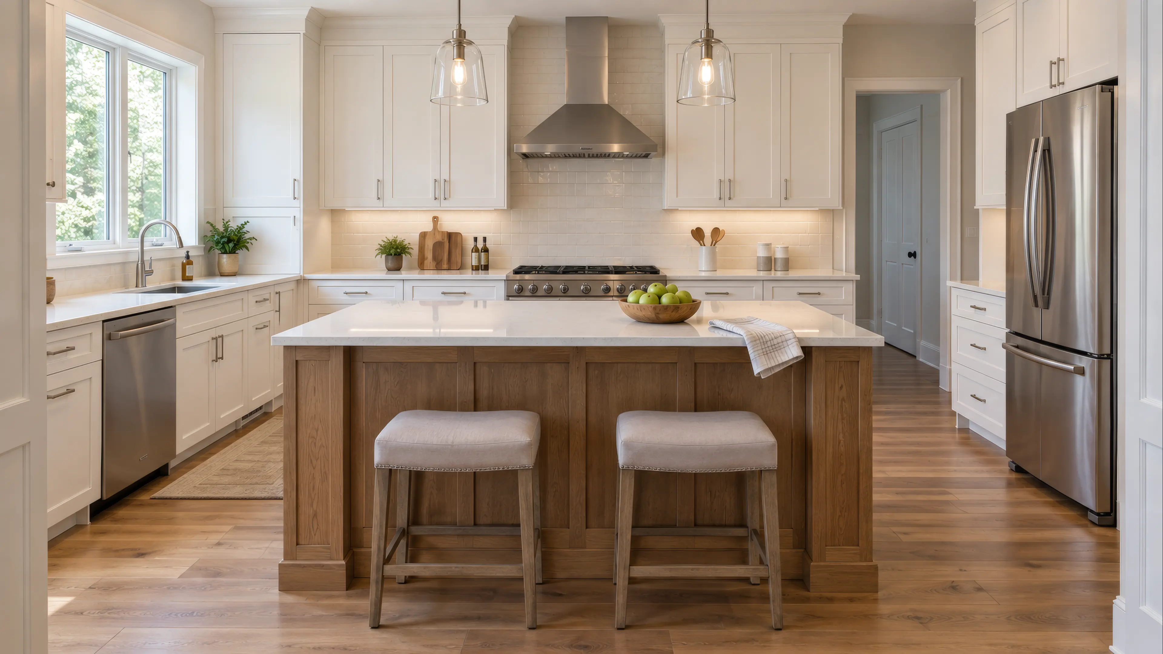 White Shaker kitchen with an oak island and stainless steel appliances