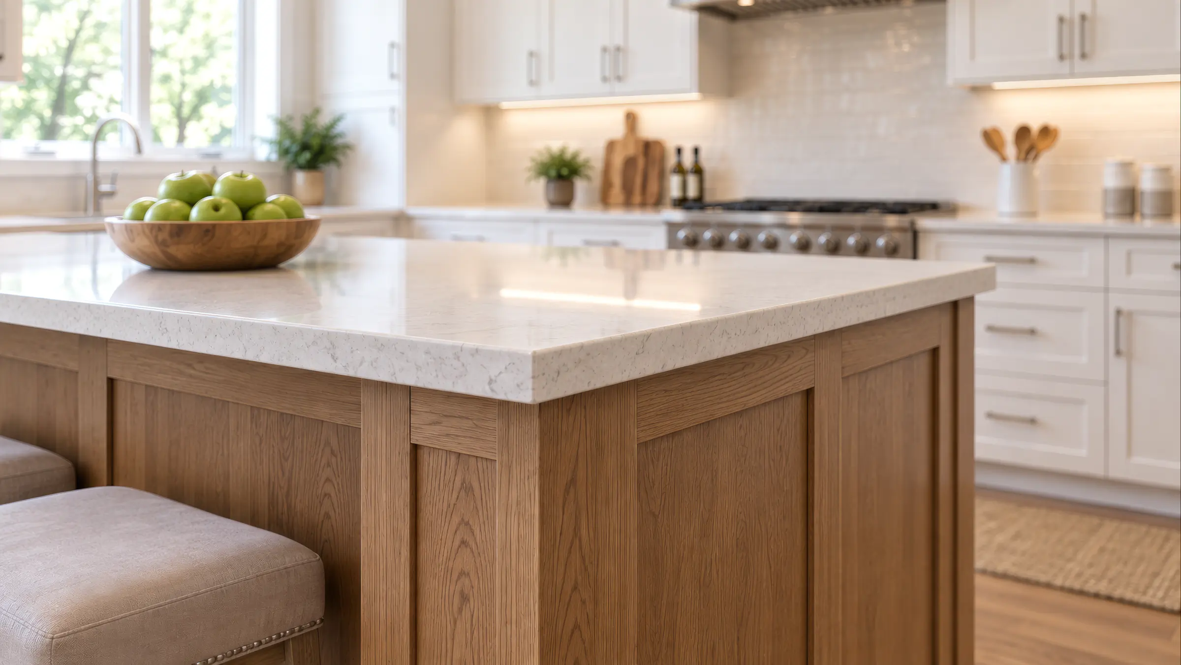 The finished edge of a speckled quartz countertop on a white oak island