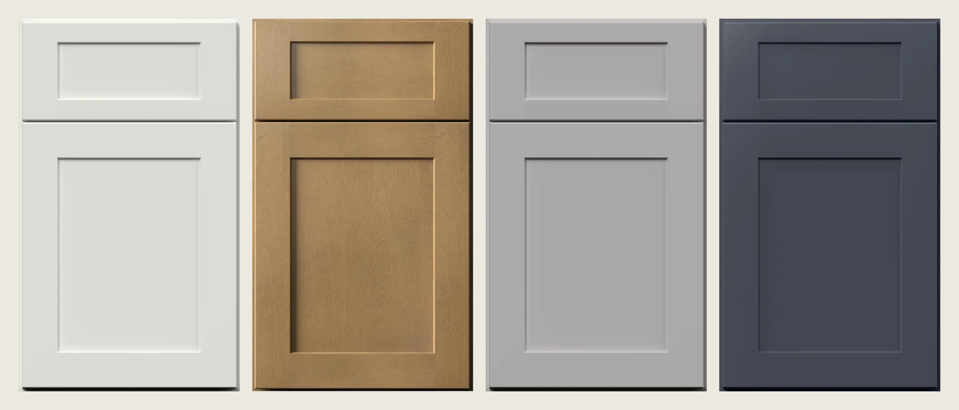 Four shaker cabinet doors side by side in bright white, warm wood, gray and deep blue