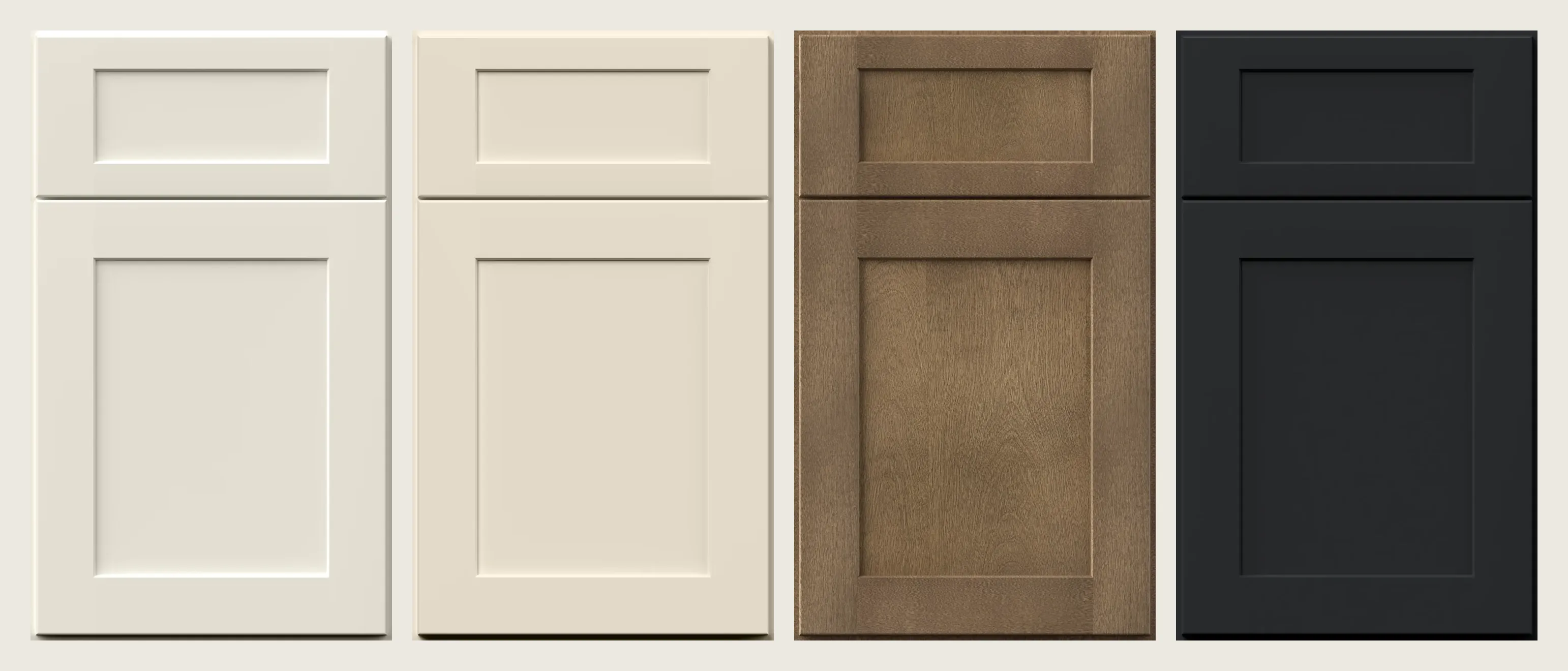 Four shaker cabinet doors side by side in soft white, cream, brown wood and black