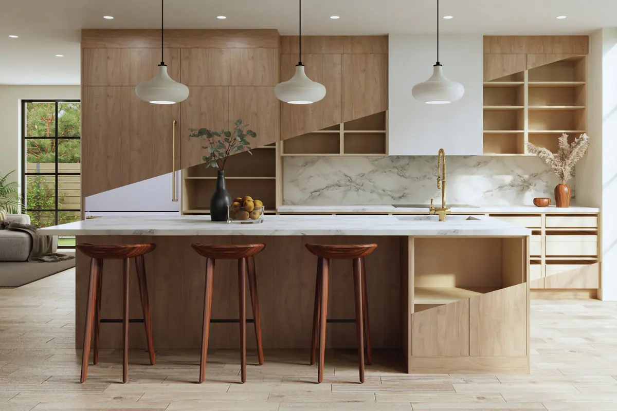 Light wood cabinets with open shelf boxes beside a marble backsplash