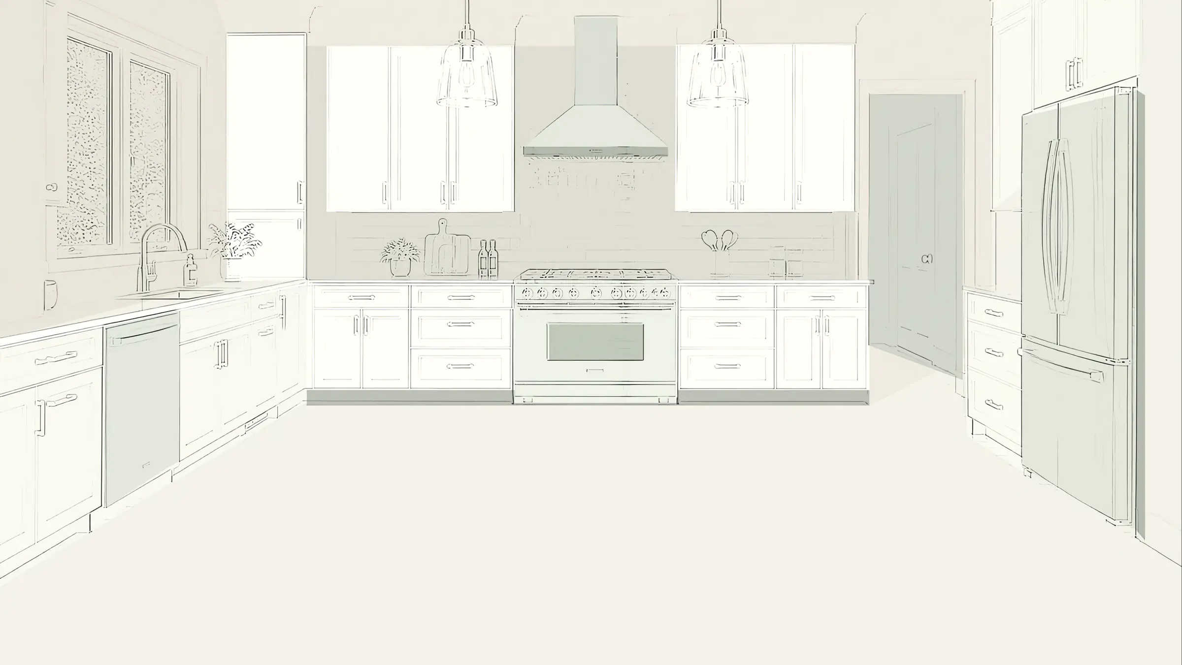 A line drawing of a kitchen: wall cabinets, a range hood, a sink under the windows and a tall refrigerator