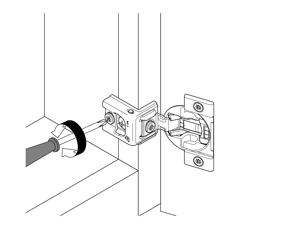 Line drawing of a cabinet hinge, with the back screw ringed in gold