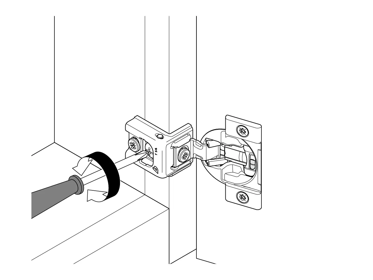 Line drawing of a cabinet hinge, with the screw that holds it to the cabinet frame ringed in gold