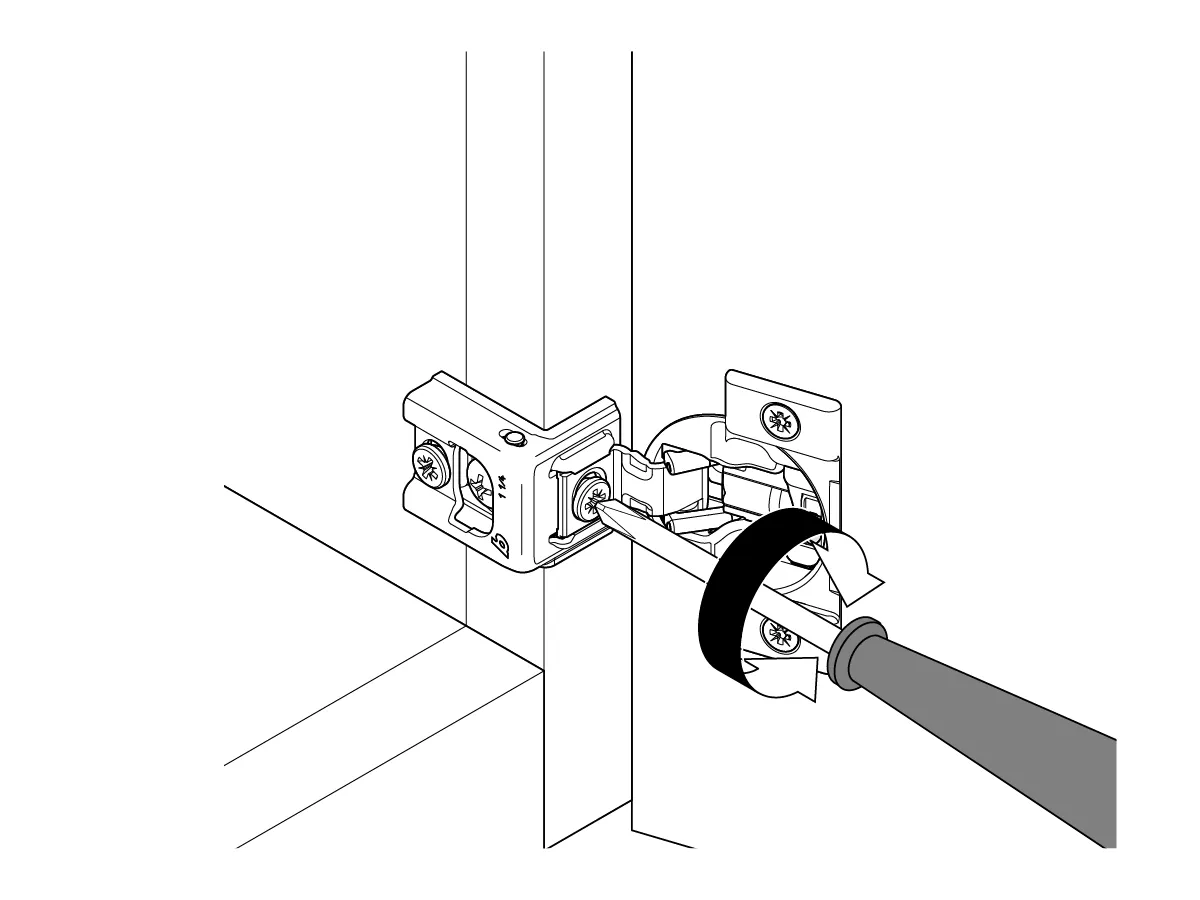 Line drawing of a cabinet hinge, with the front screw on the hinge arm ringed in gold