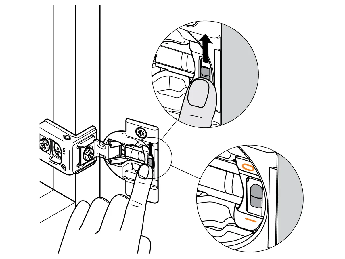 Line drawing of a finger on the small soft-close switch inside a cabinet hinge, ringed in gold