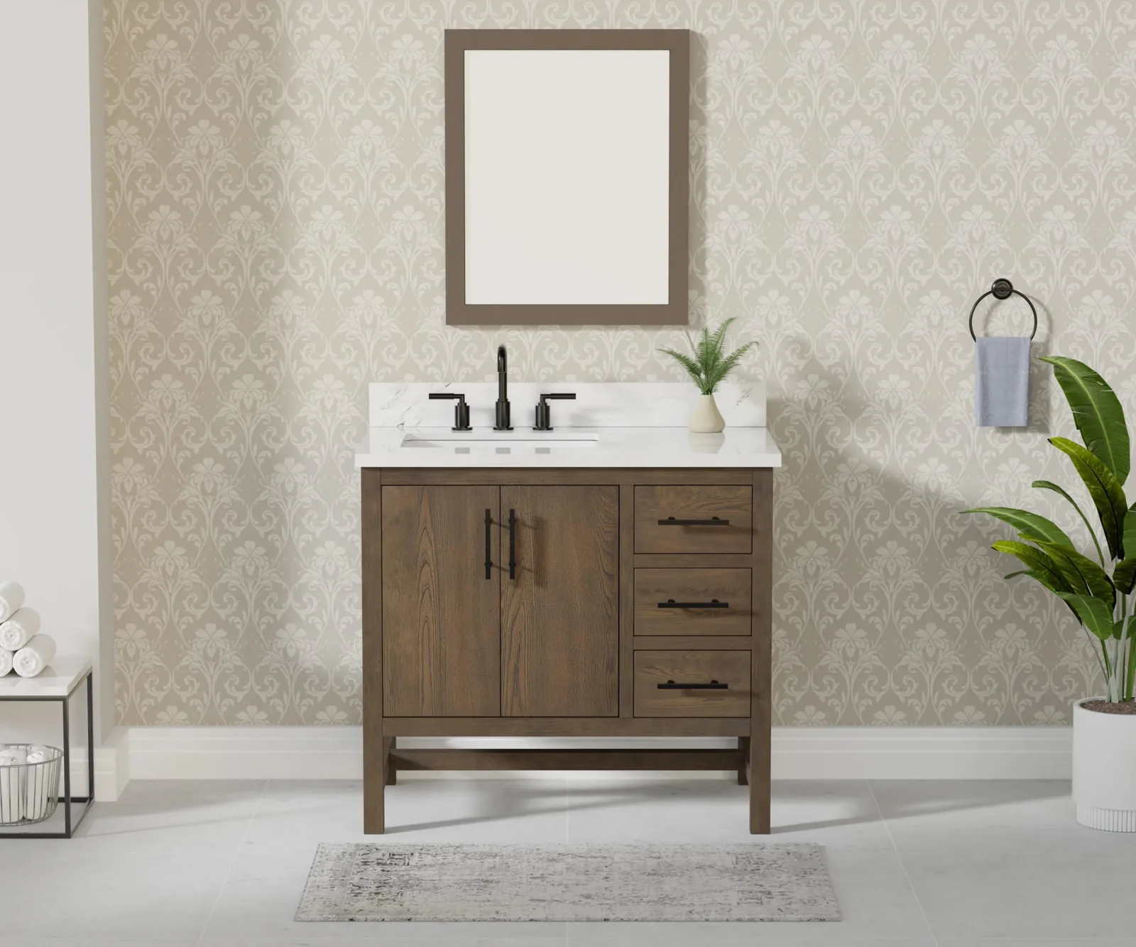 36-inch antique elm vanity with Calacatta sintered stone top, two doors and three drawers