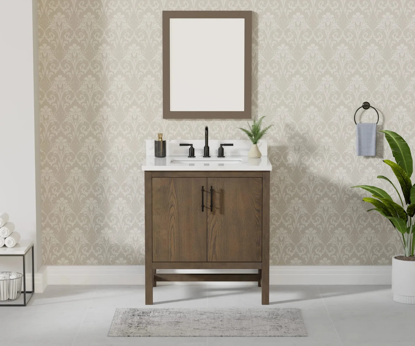 30-inch antique elm single-sink vanity with Calacatta sintered stone top