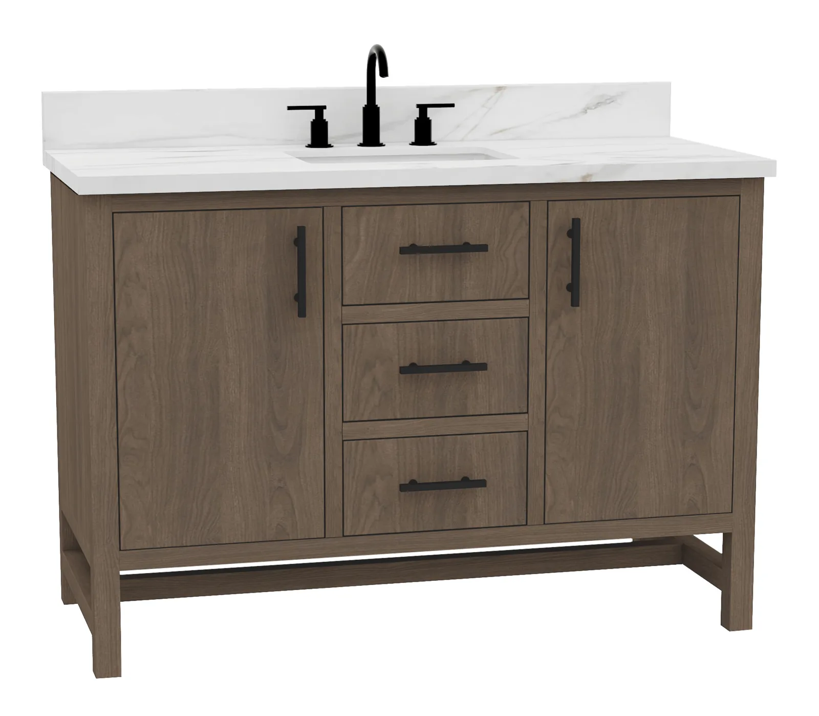 48-inch antique elm vanity, front view, with Calacatta sintered stone top and matte black handles