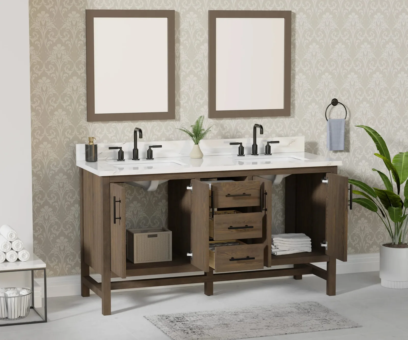 60-inch antique elm vanity with doors and drawers open to show storage