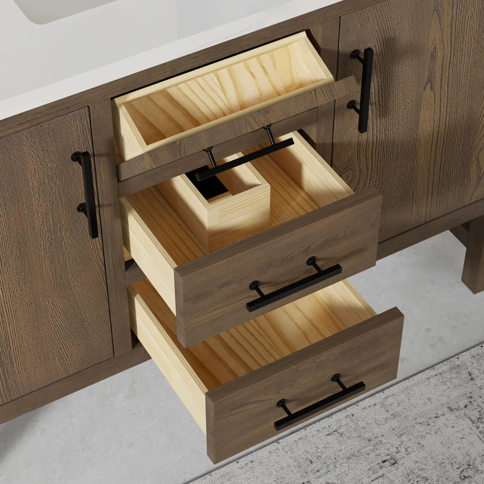 Open drawers on the 48-inch antique elm vanity