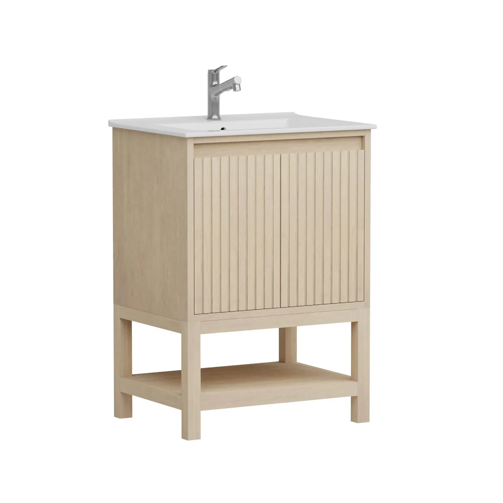 24-inch freestanding vanity in light oak with integrated porcelain sink top and open lower shelf, angled view