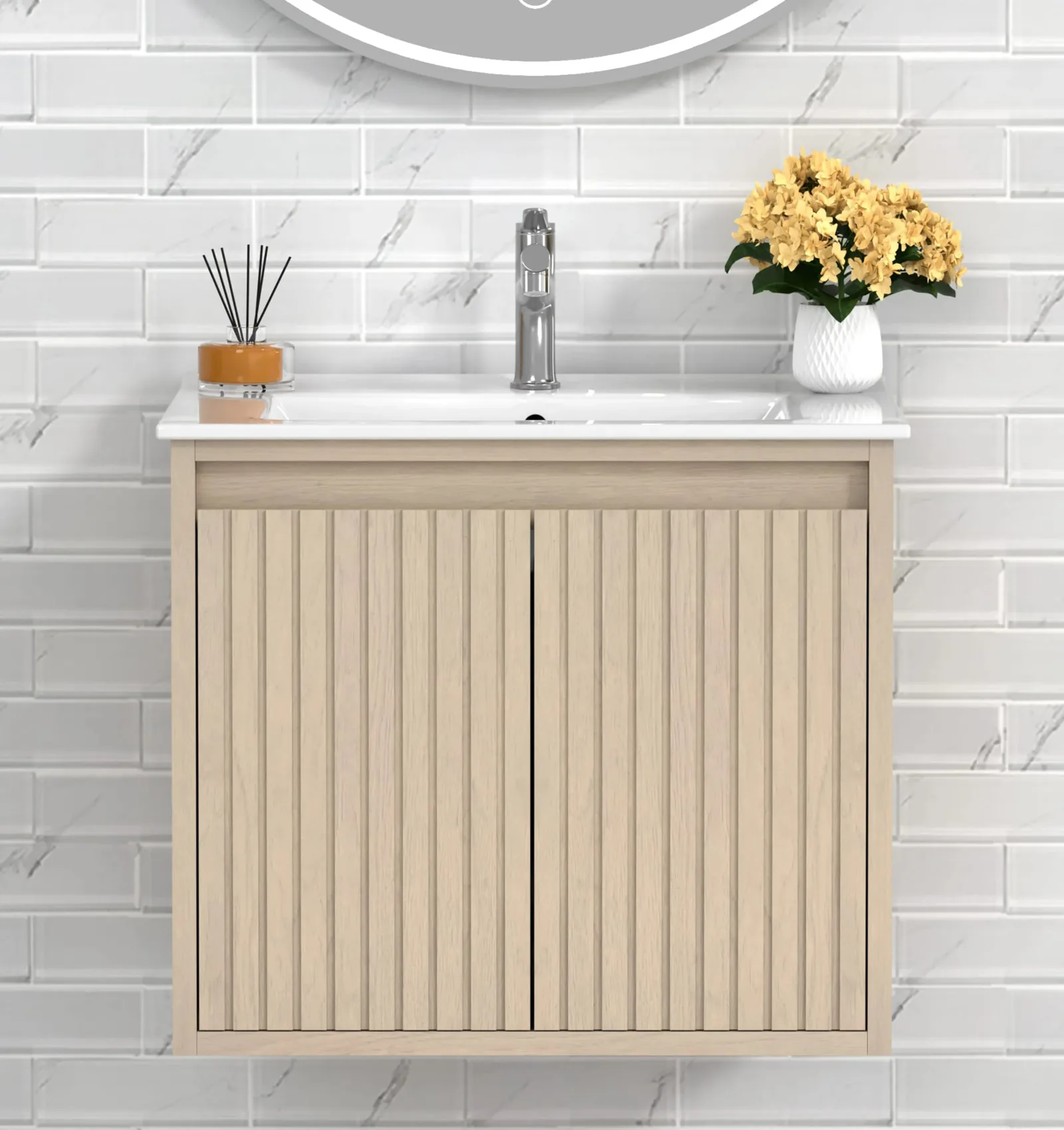 24-inch floating wall-mounted vanity in light oak with fluted doors and integrated porcelain top