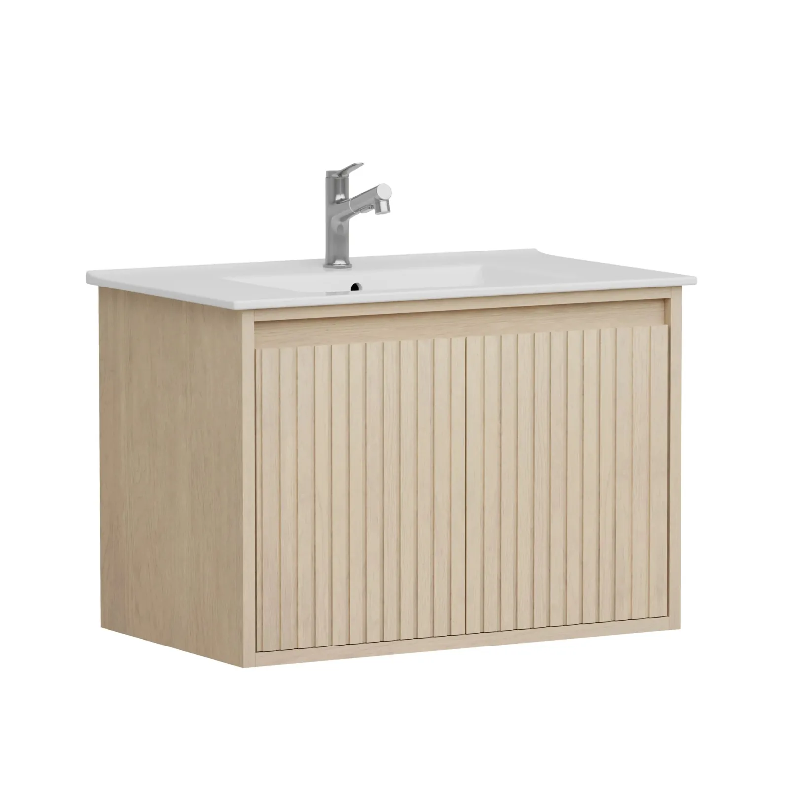 30-inch floating wall-mounted vanity in light oak with integrated porcelain sink top, angled view