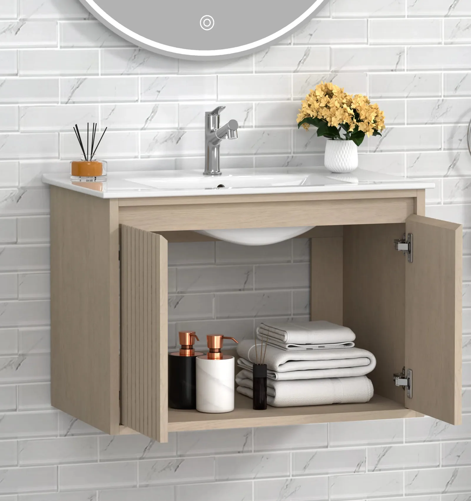 30-inch floating vanity with both soft-close doors open to show interior storage