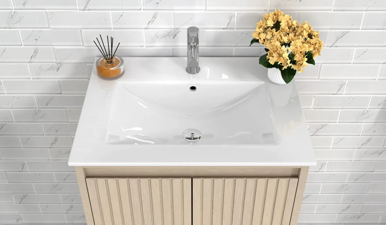 Close-up of the vanity's integrated white porcelain sink top