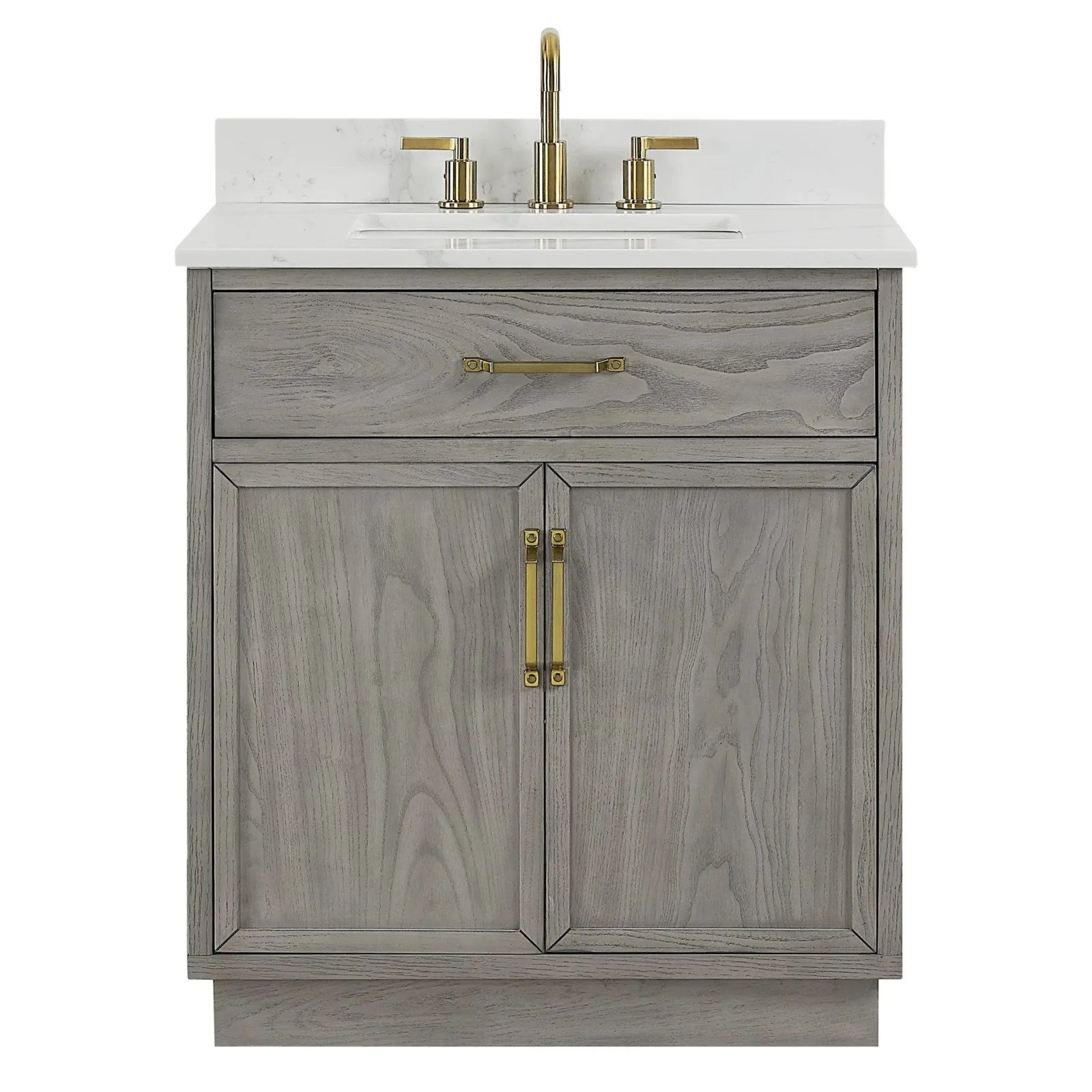 30-inch bathroom vanity in a natural elm finish with Calacatta quartz top, 4-inch backsplash and brushed gold handles, front view