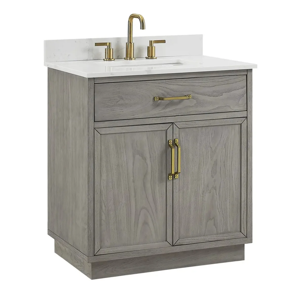 30-inch natural elm vanity with Calacatta quartz top and undermount sink, angled view