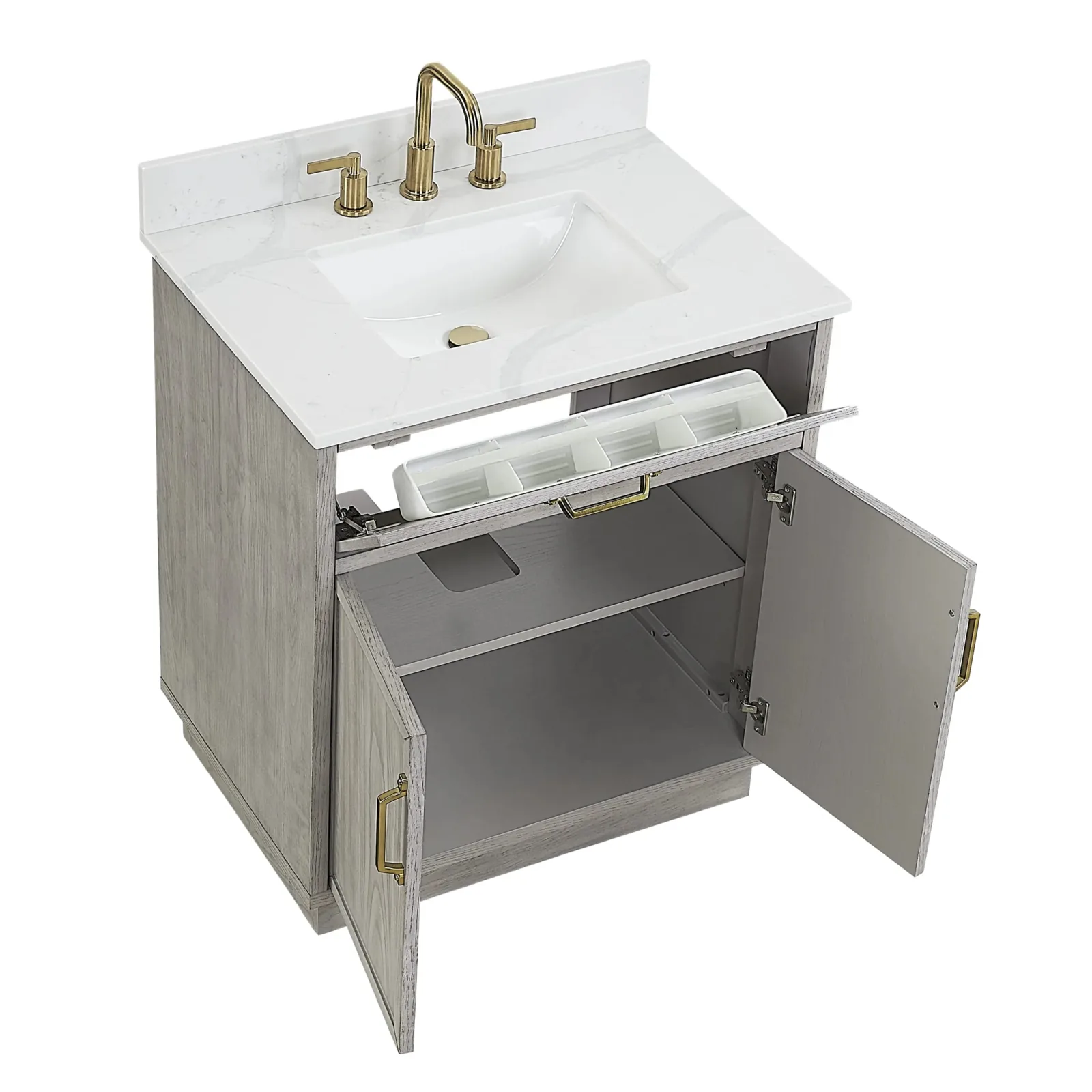 30-inch vanity with the tilt-out drawer and both soft-close doors open to show interior storage