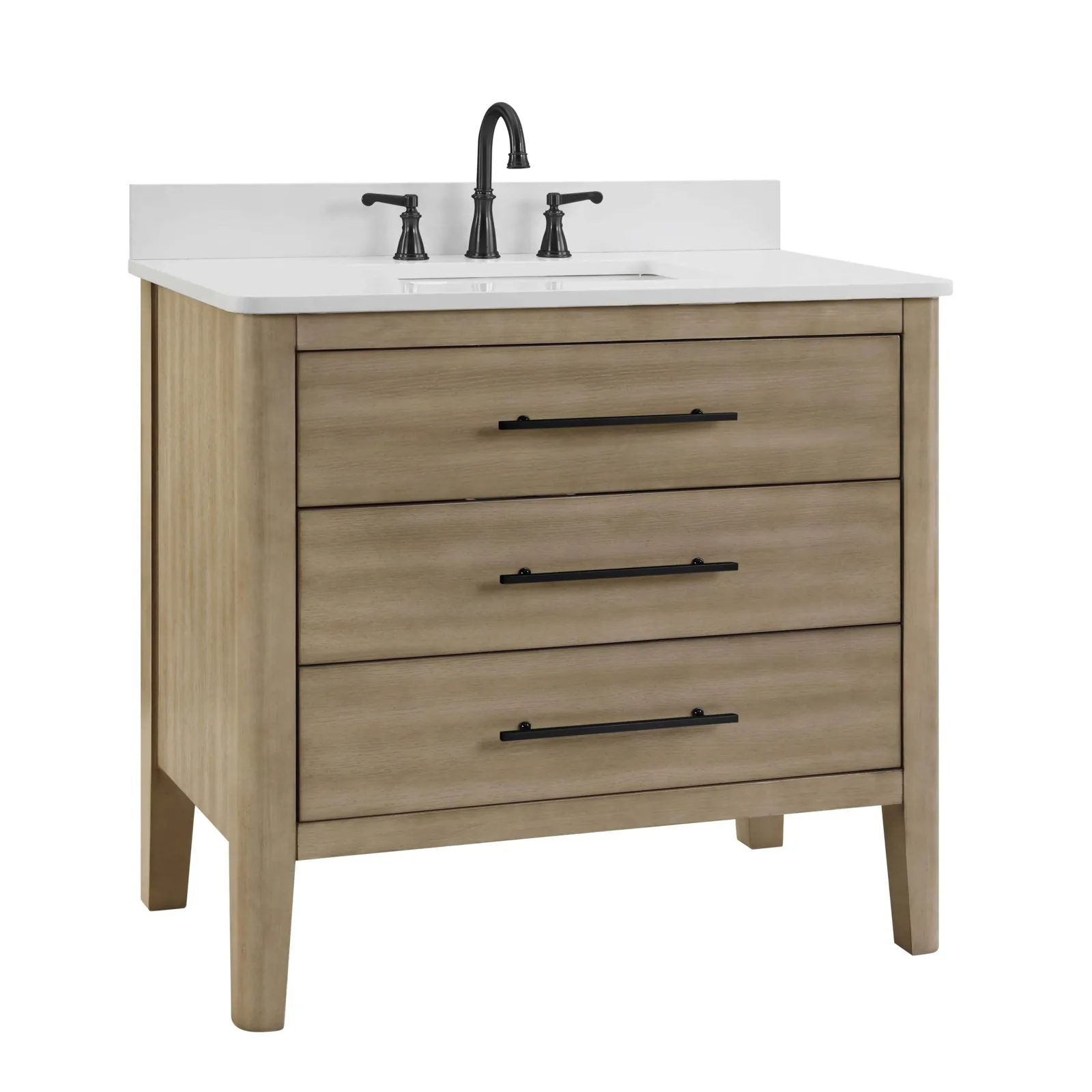 36-inch light wood vanity with white Carrara engineered stone top and 4-inch backsplash, studio view