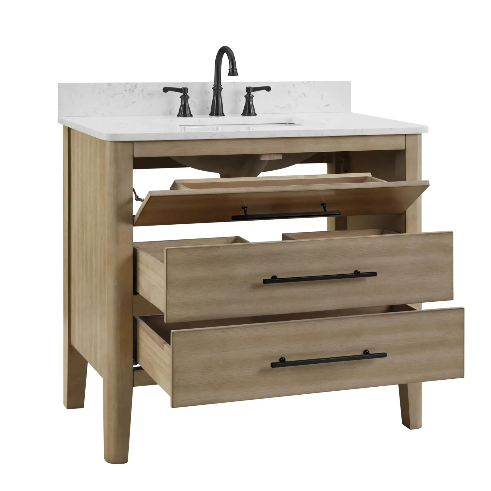 36-inch vanity with the tilt-out drawer and two U-shaped soft-close drawers open