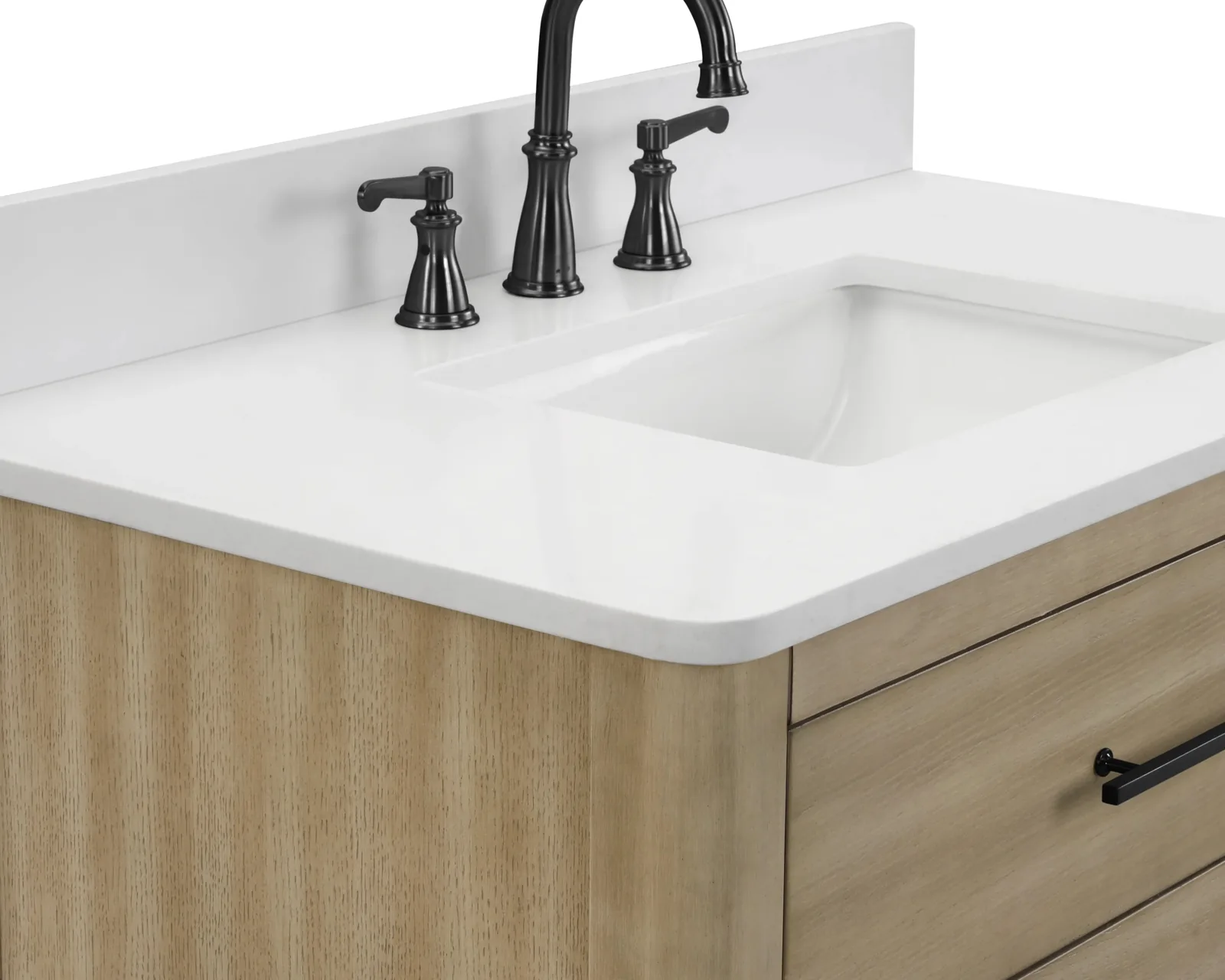 Close-up of the vanity's white engineered stone top with rectangular undermount sink