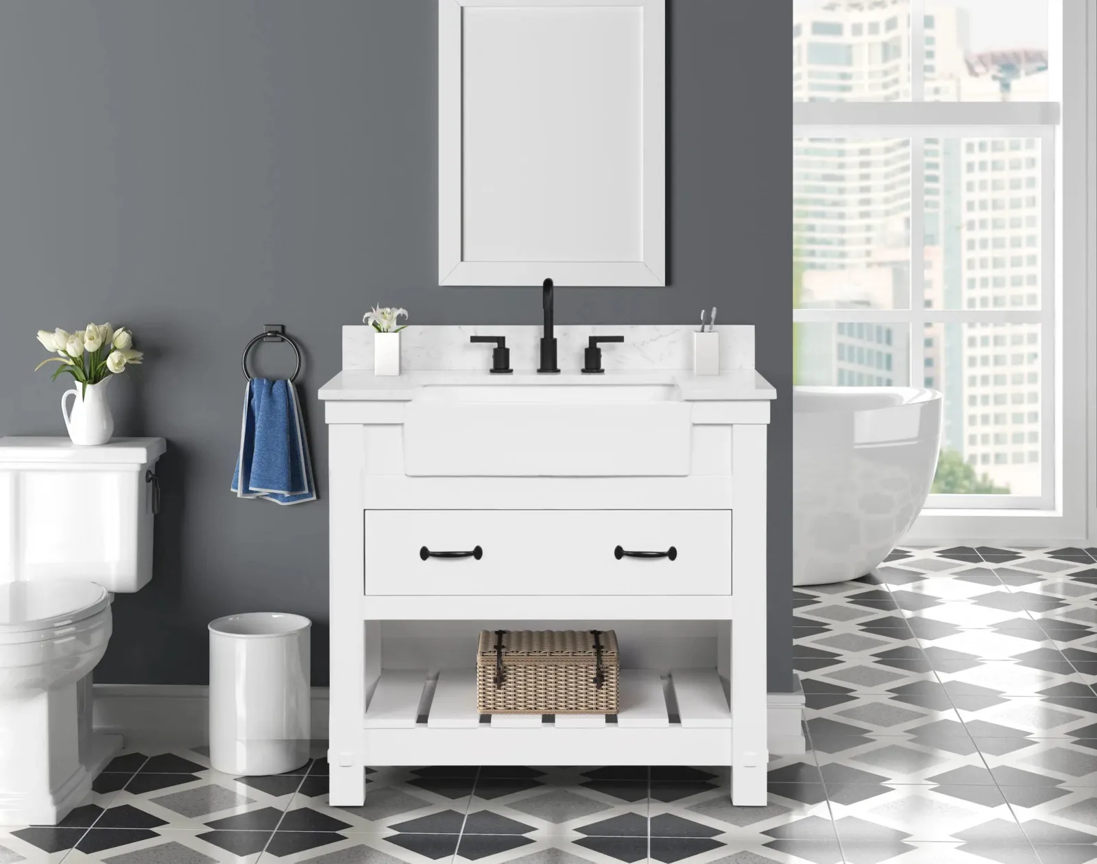 36-inch white vanity with apron farm sink, Carrara engineered stone top and open lower shelf