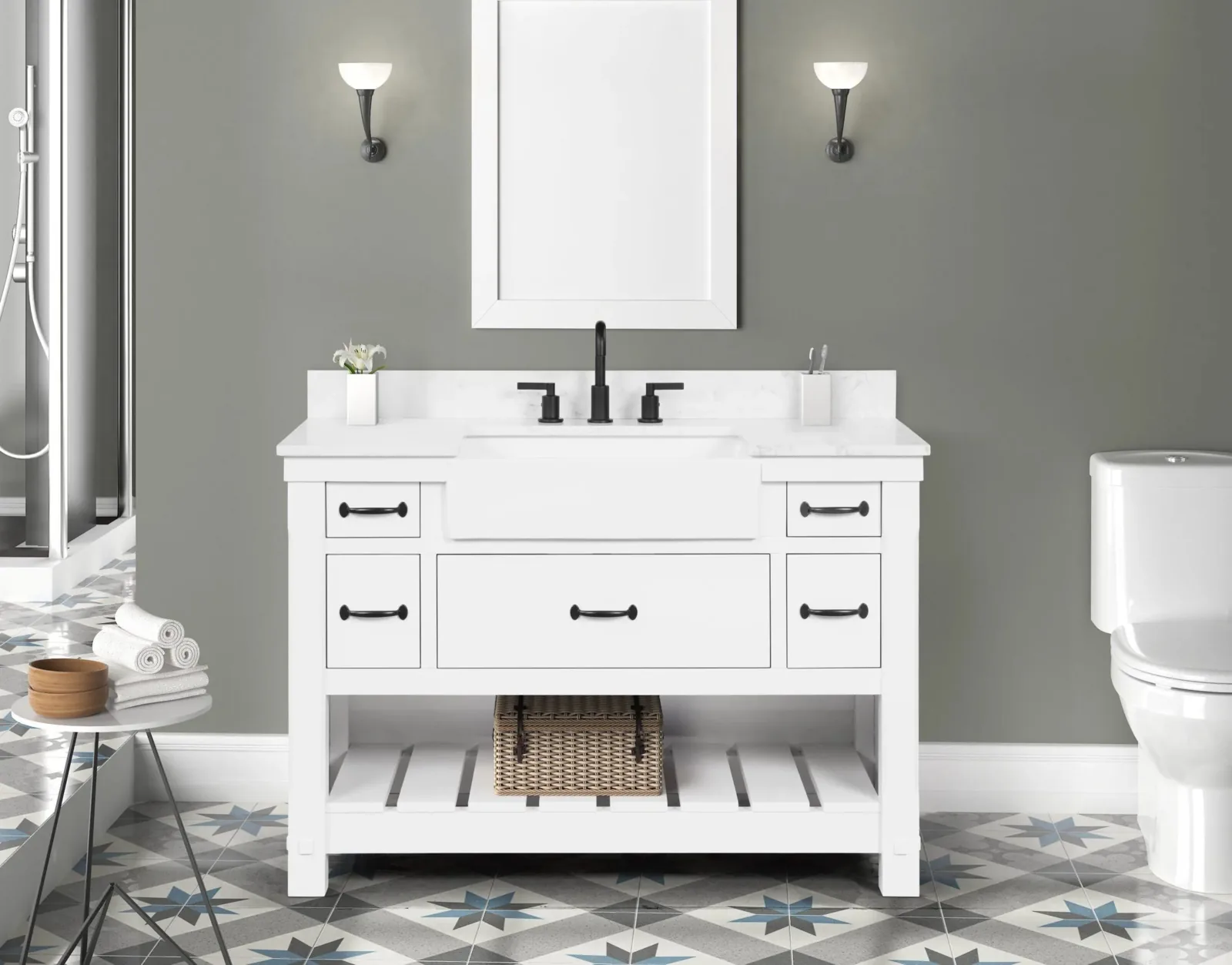 48-inch white vanity with apron farm sink, drawers and open lower shelf