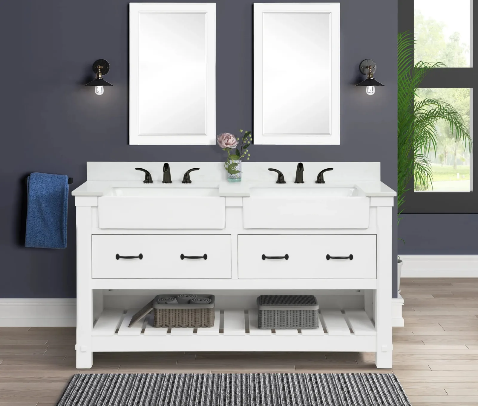 60-inch white double vanity with two apron-front sinks and open lower shelf