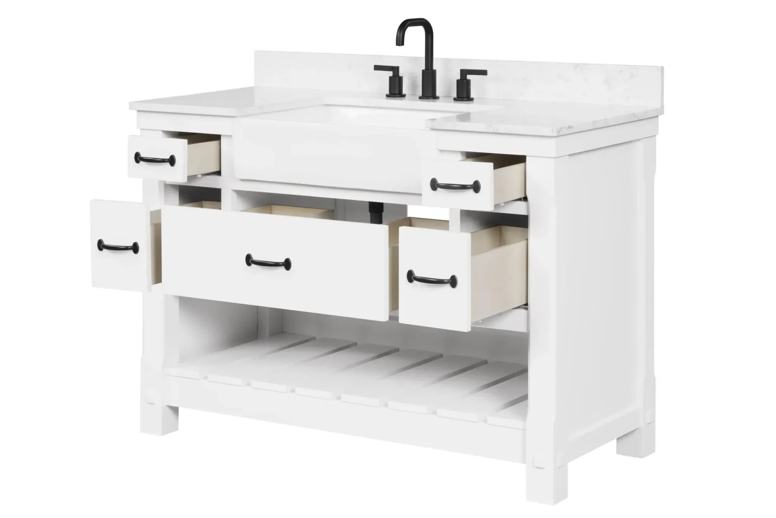 48-inch white vanity with the U-shape drawer and side drawers pulled open