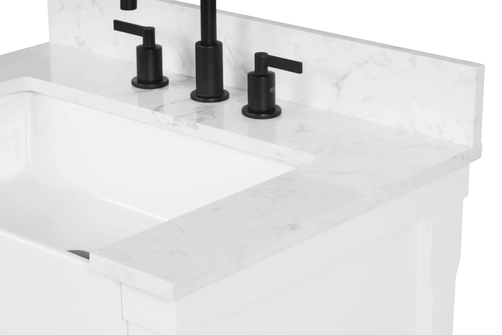 Close-up of the white vanity apron farm sink and 4-inch backsplash