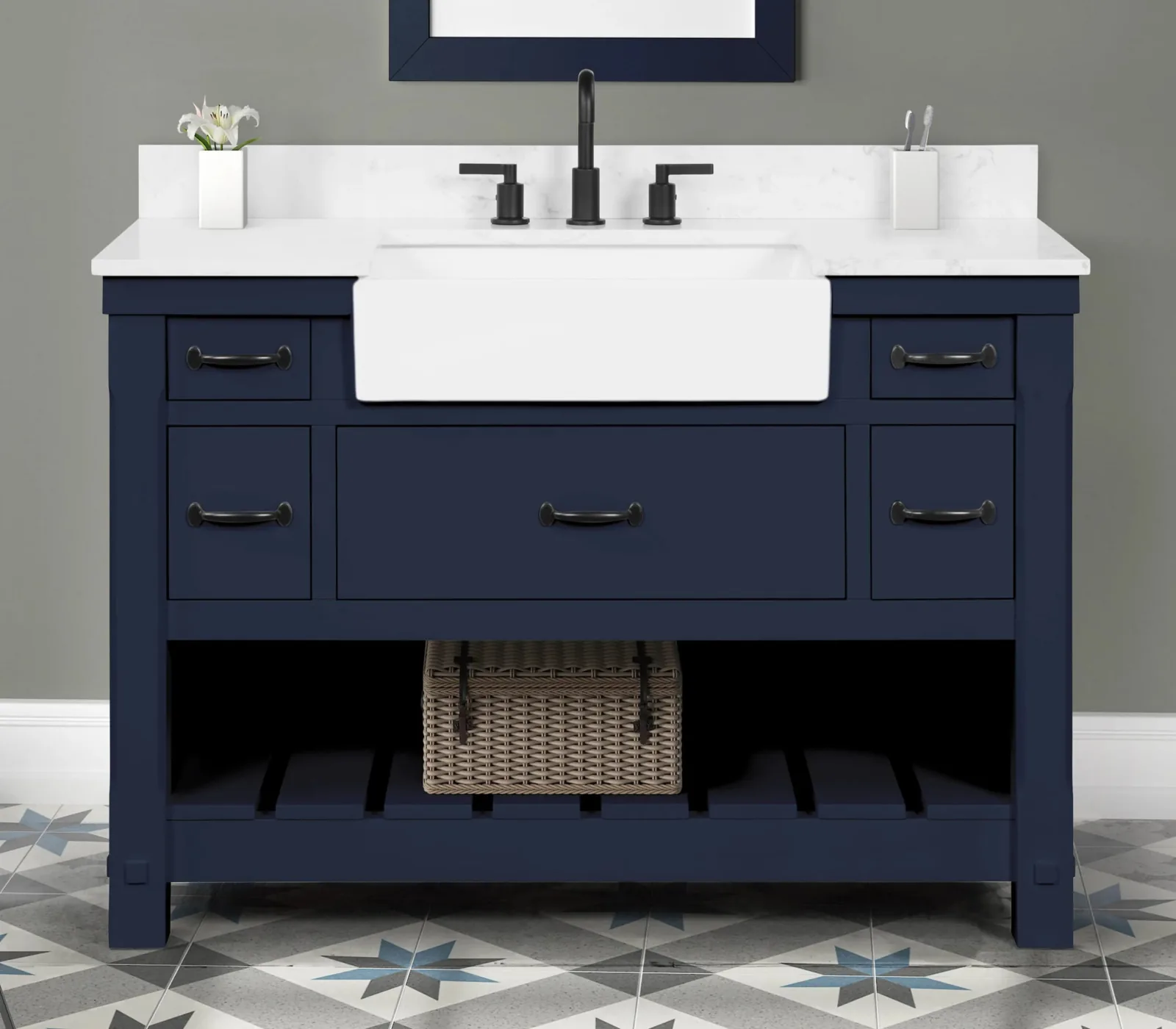 48-inch navy blue vanity with Carrara marble top and apron farm sink