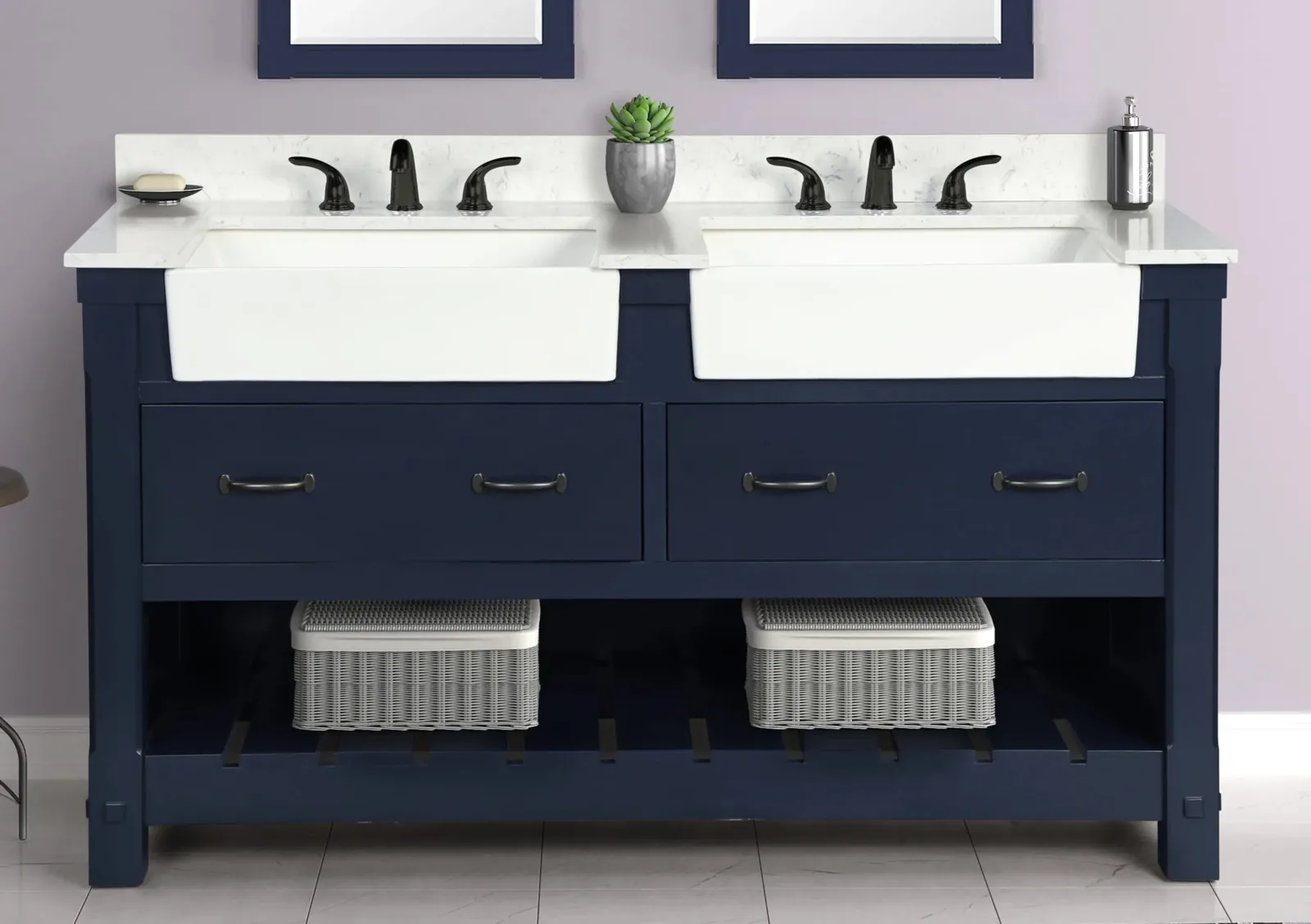 60-inch navy blue double vanity with two apron farm sinks and an open lower shelf