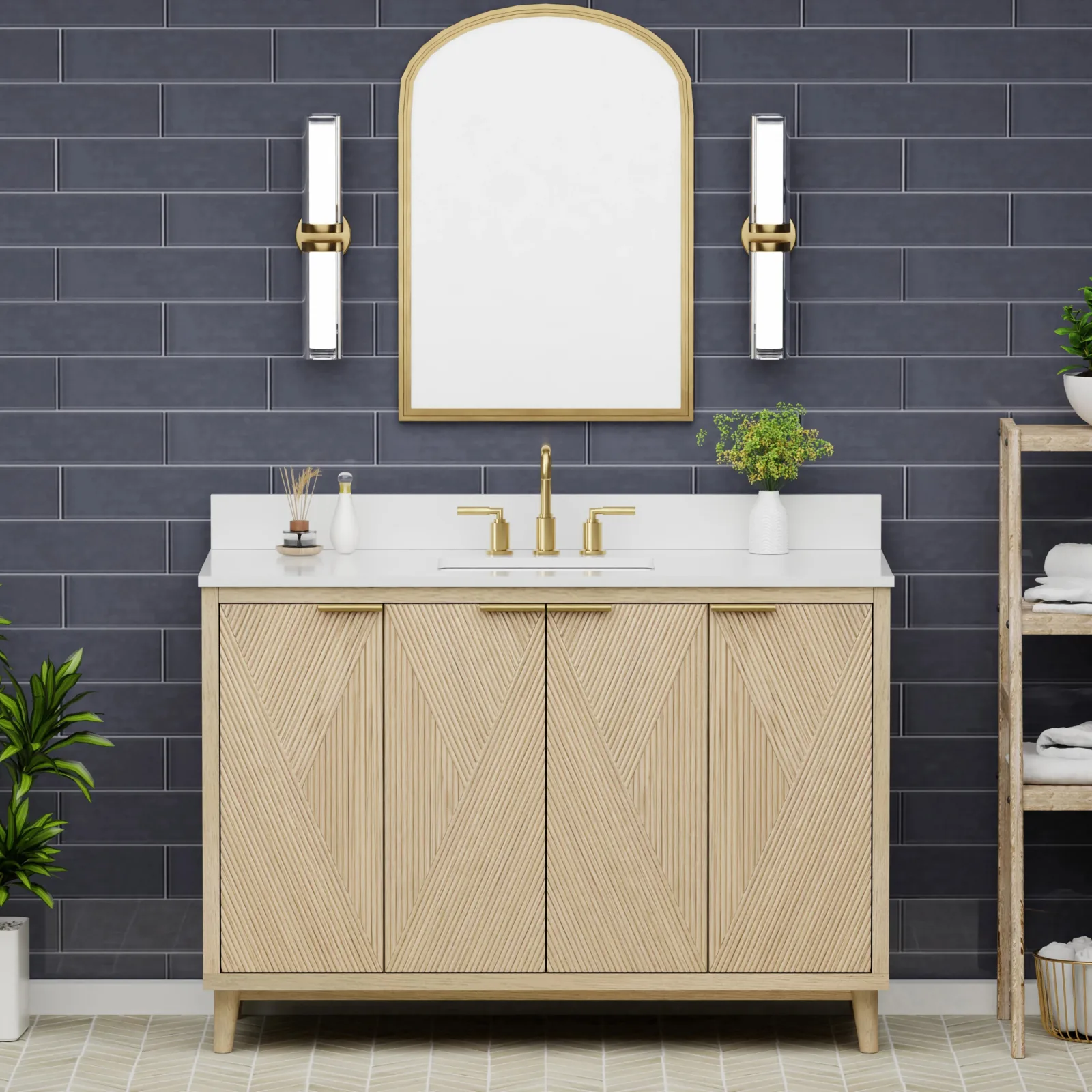 48 inch natural oak bathroom vanity with four fluted doors and pure white quartz top