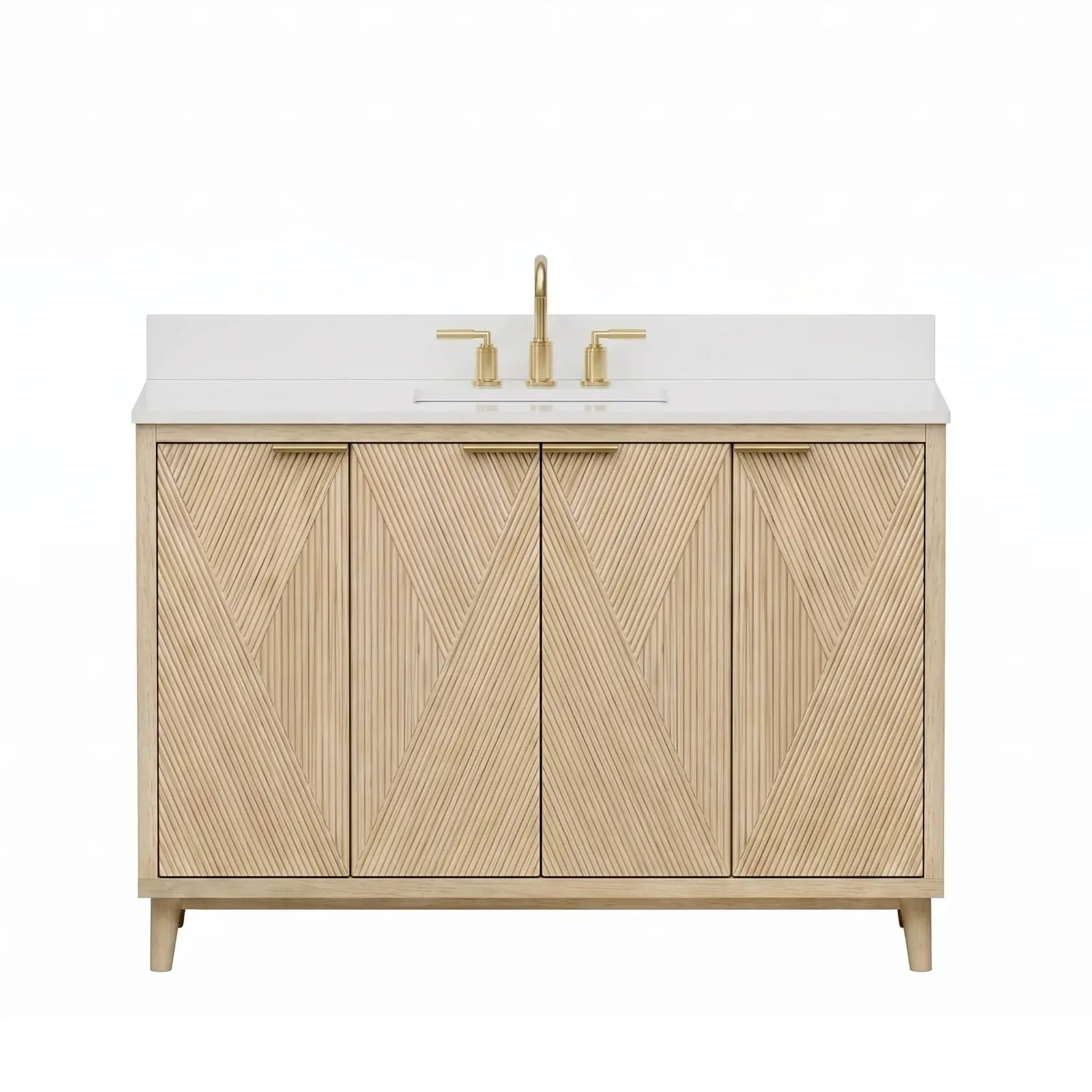 Front view of the 48 inch single-sink vanity in natural oak with brushed gold handles and white quartz top