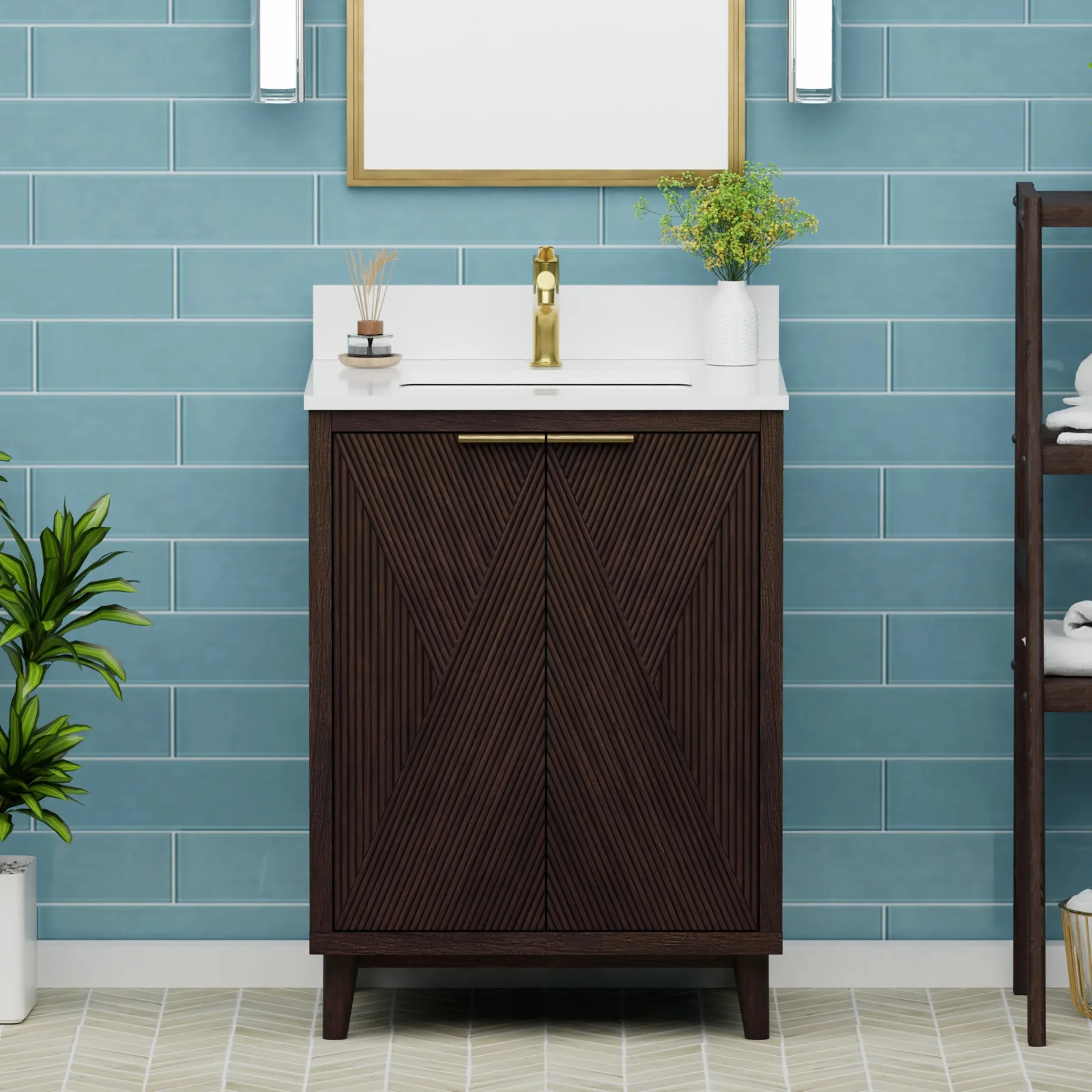 24 inch dark oak bathroom vanity with fluted doors and pure white quartz top against blue tile