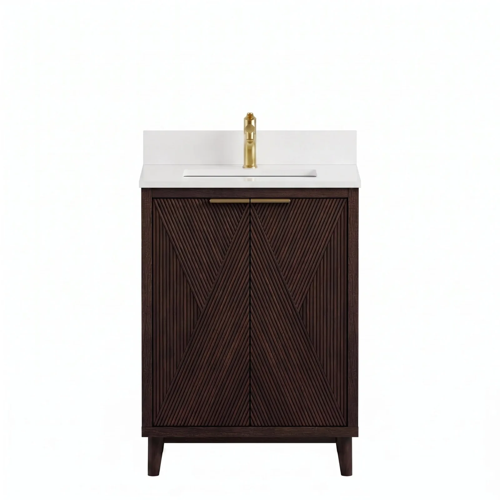 Front view of the 24 inch dark oak vanity with brushed gold handle and single-hole faucet