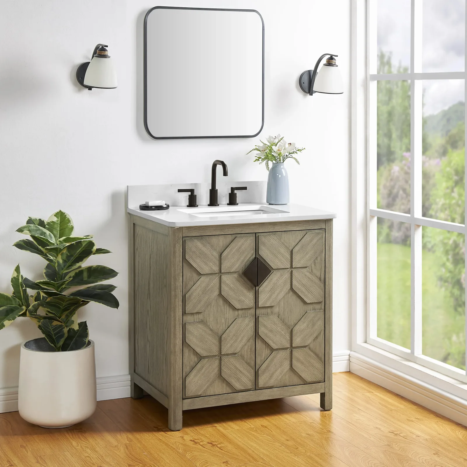 30 inch gray oak bathroom vanity with marble-look quartz top and 4 inch backsplash in a bright bathroom