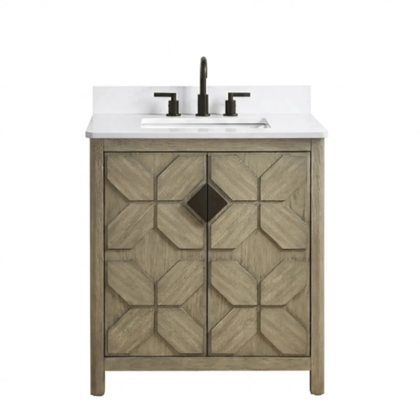 Front view of the 30 inch single-sink vanity in gray oak with geometric door pattern and white quartz top