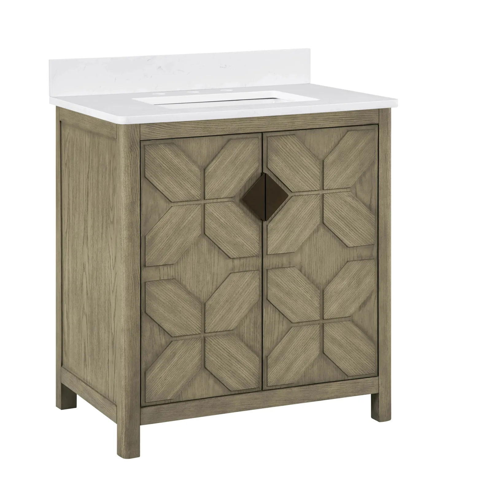 30 inch gray oak vanity at a three-quarter angle showing the side panel and marble-look quartz top