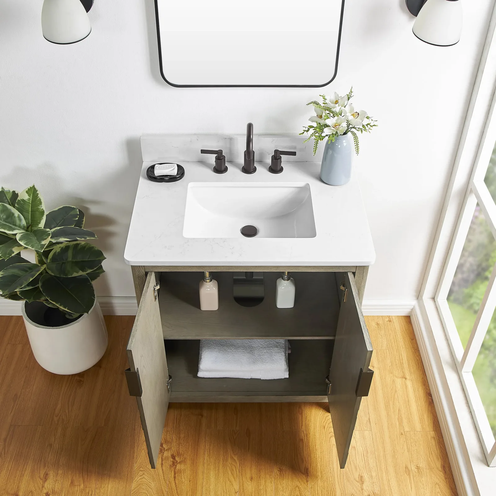 30 inch vanity with both soft-close doors open showing the interior cabinet space